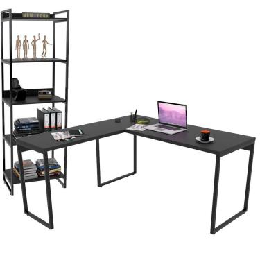Imagem de Kit Mesa Em L Com Estante 5 Prateleiras 150X150 Preto