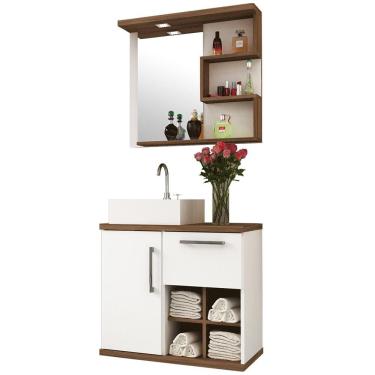 Imagem de Kit Banheiro Gabinete Suspenso 70Cm B06 Branco Nogal