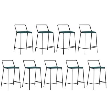 Imagem de Kit 09 Banqueta Alta Com Encosto Mili Ferro Preto Sintético Azul Turquesa - Amey Decor
