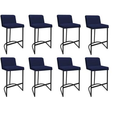 Imagem de Kit 08 Banquetas Com Encosto Confort Bistrô Cozinha Ferro Preto Suede Azul Marinho - Amey Decor