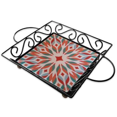 Imagem de Fruteira De Mesa Bandeja Ferro E Azulejo Quadrada Premium Cozinha Azulejo G1