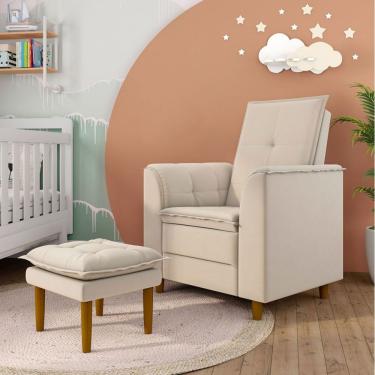 Imagem de Poltrona Decorativa Amamentação Reforçada E Puff Alice Linho bege