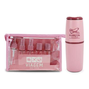 Imagem de Kit Porta Escova De Dentes + Frascos De Viagem 10 Pcs Rosa