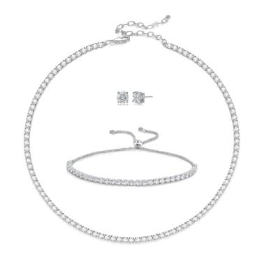 Imagem de UDYLGOON Conjunto de joias de diamante de zircônia cúbica de tênis, brincos de gargantilha, colar, pulseira, para mulheres, noivas, madrinhas de casamento, festas de casamento, Small, Zircônia cúbica