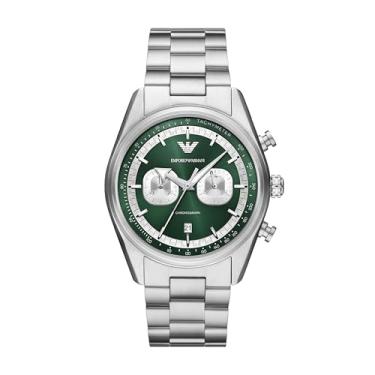 Imagem de Emporio Armani Relógio cronógrafo masculino com pulseira de aço inoxidável ou couro; relógio social masculino, Mostrador prateado/verde, Racer