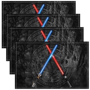 Imagem de Jogo americano com sabre de luz 30 x 45 cm para mesa de jantar, tapete de mesa à prova d'água azul neon vermelho para decoração de festa, conjunto de 4 tapetes de mesa geométricos vintage para parede