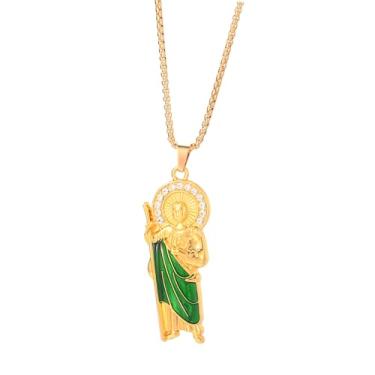 Imagem de LiHan1028 1 colar com pingente religioso de São Judas prata com roupão verde auréola de cristal, 5cm, Metal, Sem Pedra Preciosa