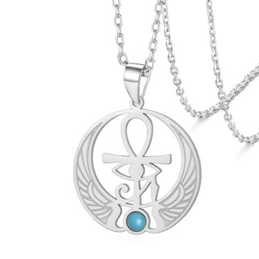 Imagem de VASSAGO Colar com cruz Ankh para mulheres e homens, colar com pingente de olho de Hórus, colar turquesa com asa, joias de proteção egípcia antiga, presente religioso, Aço inoxidável, Turquesa