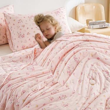 Imagem de MorroMorn Conjunto de cama infantil supermacio, conjunto de edredom infantil – 2 peças, leve, para meninas, verão, primavera, outono, chique gasto (flores rosa)