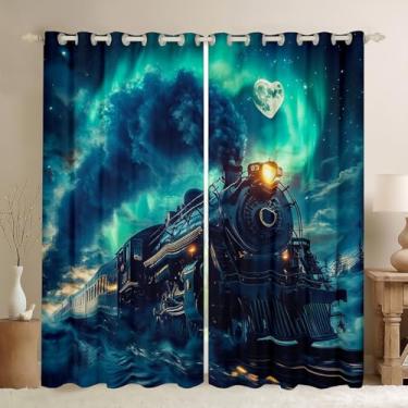 Imagem de Cortinas vintage para motor a vapor infantil 106 cm L x 163 cm C 2 painéis cortinas blackout retrô locomotiva cortinas e cortinas para janela de transporte ferroviário turquesa lua, tratamentos de