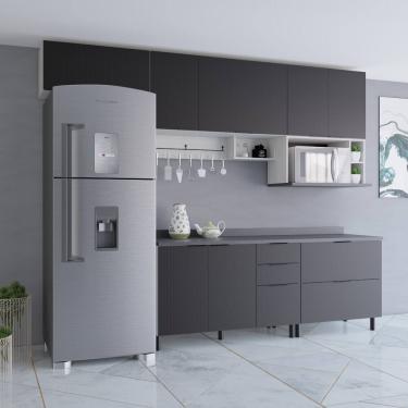 Imagem de Cozinha Compacta Bartira Rubi com 7 Portas, 4 Prateleiras e 3 Gavetões Freixo/Preto Poah – 360,1cm largura