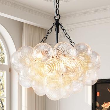 Imagem de BeyPan Lustre De Vidro Bolha, Luminária Teto Preta, Globo Soprado Transparente Com Nervuras, 20" Diâmetro, Luzes Pendentes Para Sala Entrada, Banheiro, Hall Quarto