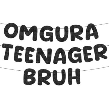 Imagem de Faixa pré-amarrada OMG UR A Teenager Bruh Banner de decorações de aniversário de 13 anos para decoração de aniversário de 13 anos suprimentos oficiais de lembrancinhas de festa de adolescente (preto)