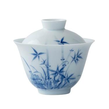 Imagem de Conjunto de chá de gongfu pintado à mão boutique – design de bambu de lavagem com tinta em porcelana branca pura, inclui mini bule, Gaiwan e xícaras de chá, conjunto de cerimônia de chá, utensílios de