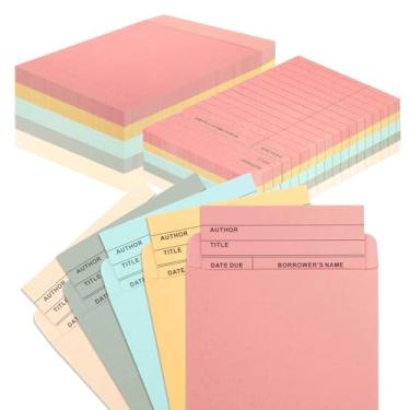 Imagem de 100 bolsos e cartões coloridos para biblioteca, 5 cores, cartões de check-out, biblioteca com 60 peças de pontos adesivos removíveis para livros de biblioteca pública de escritório escolar