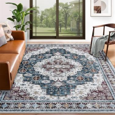 Imagem de ESSMOKO Tapetes tapete turco persa para casa, sala de estar, quarto, mesinha de cabeceira, lavável à máquina, vários tamanhos, azul e castanho de luxo, 90 x 150 cm