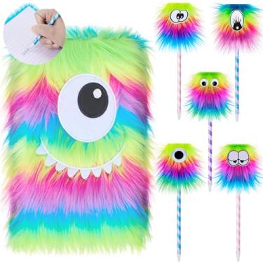 Imagem de Outus 6 canetas de arco-íris fofas, lápis esferográficas de pelúcia com cadernos difusos, ferramentas de escrita arco-íris para lembrancinhas de festa de monstros, escritório, aniversário, carnaval