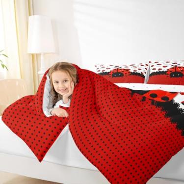 Imagem de Manfei Conjunto de edredom infantil de joaninha, tamanho Queen, vermelho e preto, joaninha, besouro, inseto, rústico, decoração de quarto de meninas, meninos, edredom geométrico, bolinhas, abstrato