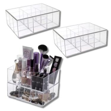 Imagem de 2 Caixas Organizadoras em acrílico 22,5 x 16,5 Com tampa e 9 Divisórias para guardar diversos ítens pequenos como bijuterias material de escritório maquiagem
