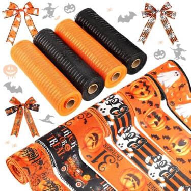 Imagem de Yuefunny 10 fitas de Halloween, 4 rolos de fita de malha e 6 rolos de serapilheira de abóbora fantasma com fio guirlanda de borda metálica artesanato para festa de Halloween em casa artesanato DIY