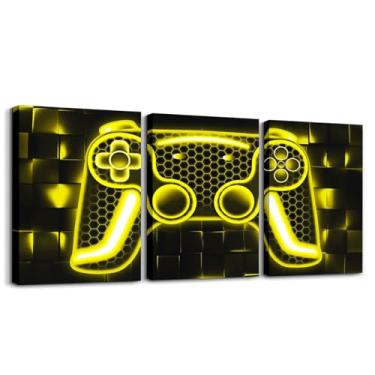 Imagem de Erosebridal Decoração de parede de sala de jogos 30,5 x 40,6 cm amarelo e preto arte de parede em tela para jogos para sala de estar 3D grades geométricas conjunto de arte de parede de 3 pinturas de