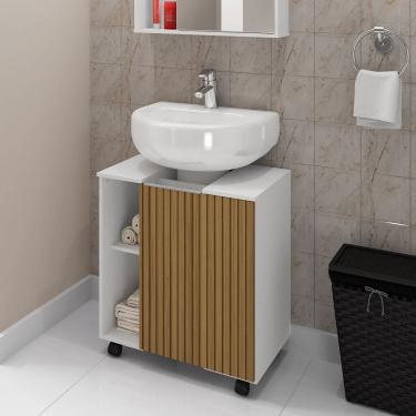 Imagem de Gabinete para Banheiro com Porta e Prateleira Pés Rodízios Pequin - Branco com Ripado