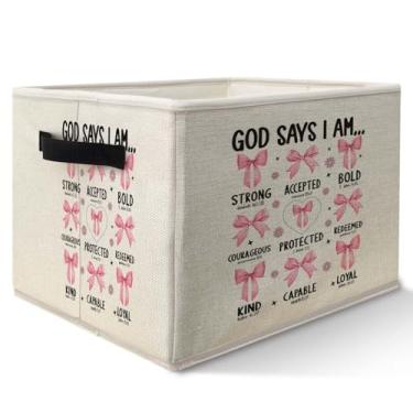 Imagem de Likjad Coquette Cesta de armazenamento cristã com laço rosa, caixa de brinquedos para meninas, decoração de quarto, God Says I Am Bible Versículo da Bíblia, organizador de caixa de armazenamento de