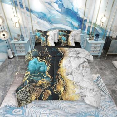 Imagem de Erosebridal Conjunto de edredom queen turquesa com 7 peças, cinza, mármore, abstrato, para adultos, homens, mulheres, dourado, metálico, mármore, decoração de quarto