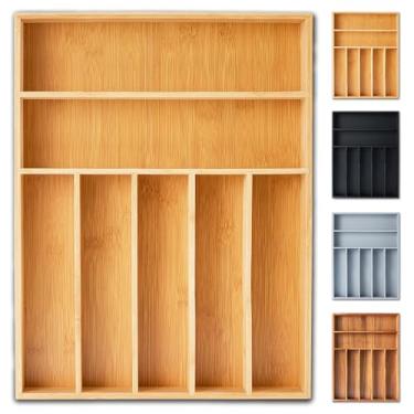 Imagem de Organizador de talheres, organizador de utensílios de 31 cm, organizador de gaveta de cozinha, suporte de talheres de bambu, bandeja organizadora de talheres em gaveta (7 compartimentos, natural)