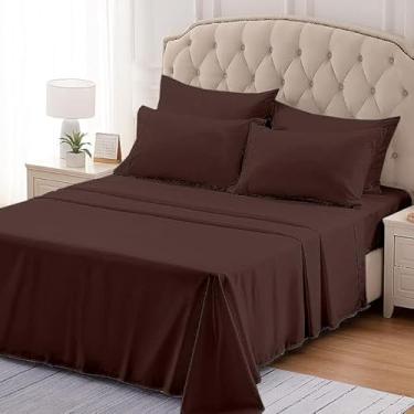 Imagem de Mattress-Homes Jogo de cama queen size de 6 peças com 4 fronhas, lençóis 100% algodão ultramacios, tecido de cetim refrescante, conjunto de lençóis de cama luxuosos, cor chocolate sólido
