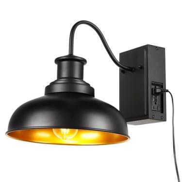 Imagem de Diyel Luz de celeiro pescoço de ganso ao ar livre com tomada GFCI, arandela de parede externa de fazenda, luminária de parede vintage lanterna de parede preta industrial com embutido para varanda