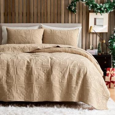 Imagem de WDCOZY Conjunto de cama bege 100% algodão natalino California Cal King, tamanho grande, leve, reversível, com 2 fronhas, colcha de cama com estampa de blocos de árvore de Natal, edredom fino para