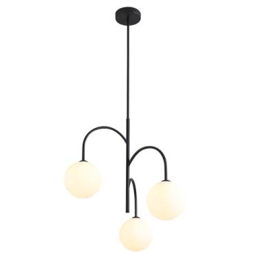 Imagem de Flyrose Lustre de vidro de leite moderno de meados do século 3 luzes globo preto luzes pendentes cozinha ilha branco lustre de vidro fosco casa de fazenda vintage luminárias para sala de jantar