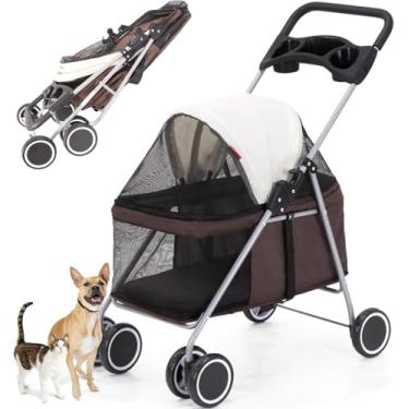 Imagem de Carrinho De Estimação Dobrável De 4 Rodas Para Cães Pequenos Médios Gatos Até 33lbs, Fácil Dobrar Carrinho De Cachorro Portátil à Prova D'Água Para Viagens E Compras, Brown