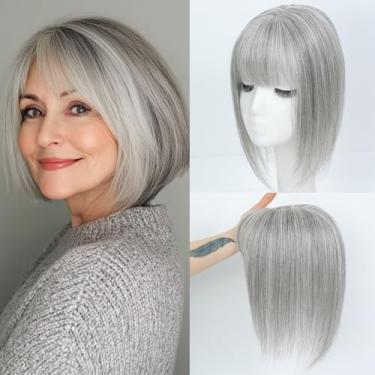 Imagem de JANATOUCH Toppers de cabelo para mulheres com queda de cabelo na cor cinza prateado 28 cm Topper cabelo humano real para resolver a queda de cabelo, adicionar volume