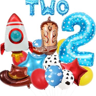 Imagem de 17pcs Cartoon Toy Themed Party Decorations, Number 2nd Boys And Girls Birthday Party Supplies, Cowboy Hat Boots Rocket Mylar Foil Balloon, Red Blue Yellow Balloons With Cow Print (2nd)