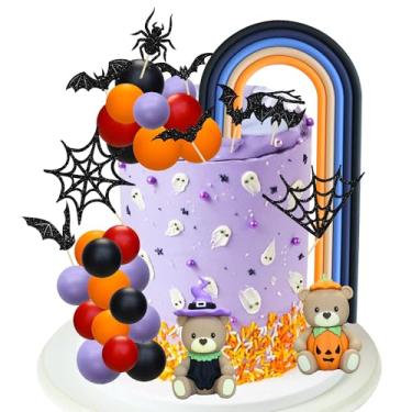 Imagem de Gyufise 42Pcs Halloween Cake Decorations Set Pumpkin Witch Bear Cake Toppers Rainbow Ball Glitter Spider Net Bat Cupcake Picks for Halloween theme Baby Shower Birthday Party Supplies Orange