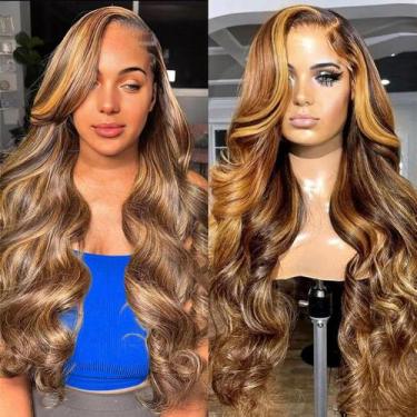 Imagem de Perucas frontais de renda QUANDIAN Highlight Body Wave 80 cm 180% de d
