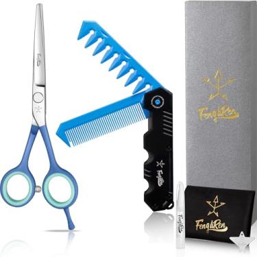 Imagem de Fengliren Tesoura profissional afiada para corte de cabelo de barbeiro, tesoura de cabeleireiro de 14 cm, feita de aço inoxidável para salão de cabeleireiro e uso doméstico (azul)