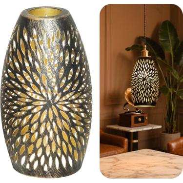 Imagem de Abajur pendente de metal, cobertura de lustres, mini abajur oval de substituição, apenas luminárias para Kitchen Island, pacote com 1, 19,8 cm de altura x 11,4 cm de diâmetro (padrão de crisântemo)