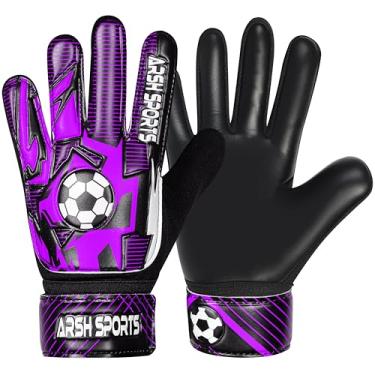 Imagem de Arsh Sports Luvas de goleiro de futebol para crianças, luvas de goleiro para jovens, meninos, meninas, palma de látex de 4 mm, antiderrapante, proteção de pulso dupla super Gip (preto-roxo, tamanho 7