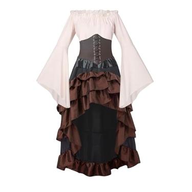 Imagem de GOLDSTITCH Fantasia feminina de pirata medieval renascentista camisa saia espartilho cinto fantasias de pirata Halloween, Marrom, M