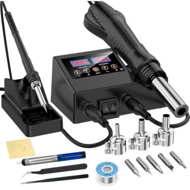 Imagem de Ferro de Solda Termostática Inteligente, Ferro de solda 110v, Estação de Solda, Kit de Estação de Retrabalho de Ar Quente 2 em 1, Função de Ar Quente, Equipado com 3 Bicos de Ar Quente