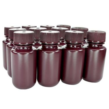 Imagem de EISCO - Pacote com 12, frascos de reagente de HDPE âmbar de boca larga estéreis de 60 ml com tampas de polipropileno, à prova de vazamento, proteção contra luz UV para amostras de laboratório