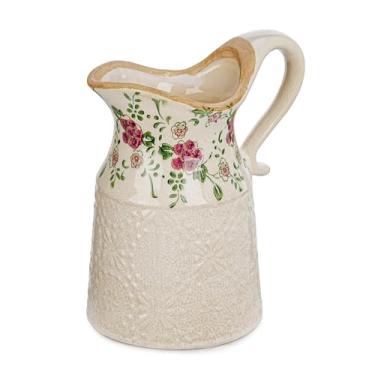 Imagem de Sungmor Vaso de cerâmica vintage – Vaso decorativo rústico para casa de fazenda com alça para flores secas, vegetação e decoração de casa, jarro floral em relevo branco, acabamento esmaltado rachado