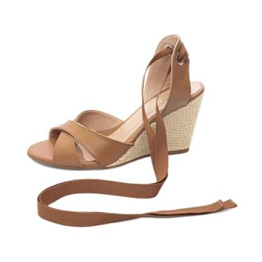 Imagem de Sandália Anabel Plataforma com Salto 7cm, Tiras para Amarrar, Detalhes em Dourado e Confortável (Caramelo, BR, Adulto, Numérico, 37)