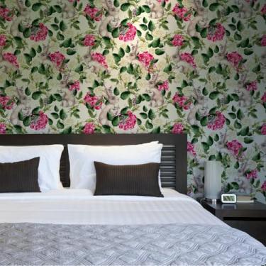 Imagem de ESSMOKO Papel de parede retrô flor rosa folha verde PVC autoadesivo papel de parede loja quarto sala de estar móveis decoração adesivo rosa verde 45 * 600 cm