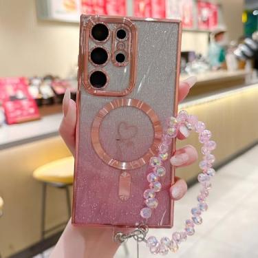Imagem de Capa com pulseira de cristal gradiente com glitter em formato de coração para Samsung S25 Ultra, capa magnética para Samsung S24 Ultra S23FE S22 S21, capa macia, rosa, para Samsung S23 FE