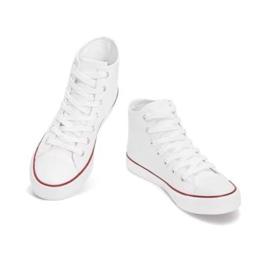 Imagem de Tênis feminino de lona casual de cano baixo, tênis de caminhada clássico com cadarço para uso diário, Branco - cano alto, 35