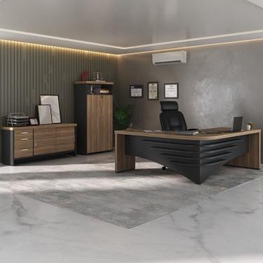 Imagem de Kit Escritório Completo 3 Peças: Mesa Diretor em L Tamburato, Balcão com Gavetas e Armário Multiuso Nogal/Preto